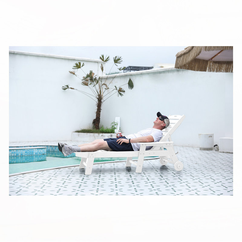 Lounge Chair Outdoor with Wood Texture,Oversized Chaise Lounge Chair with 5 Positions, HDPE, Patio Lounge Chair with Wheels & Cup Holder for Pool