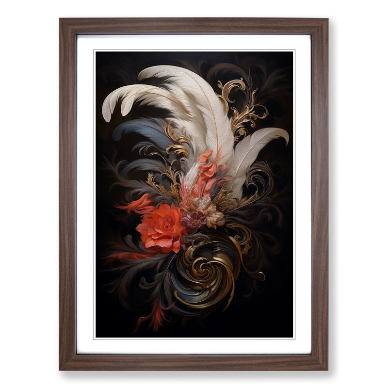 Feather Baroque - Single Picture Frame Print on Wood, Walnut, 46cm H x 34cm W x 2cm D