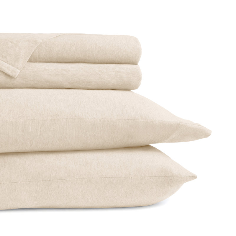 4 Piece 100% Cotton Jersey Knit Sheet Sets, Oatmeal, Twin Sheet Set + 1 Fitted Sheet + 1 Pillowcase