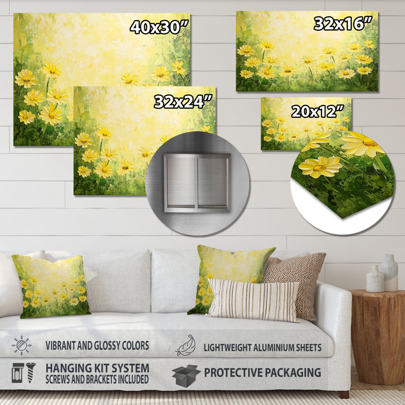 «Country Charm Sunrise Daisy Glow I - Daisies», impression murale en métal, H 12 po x l 20 po x P 0,84 po