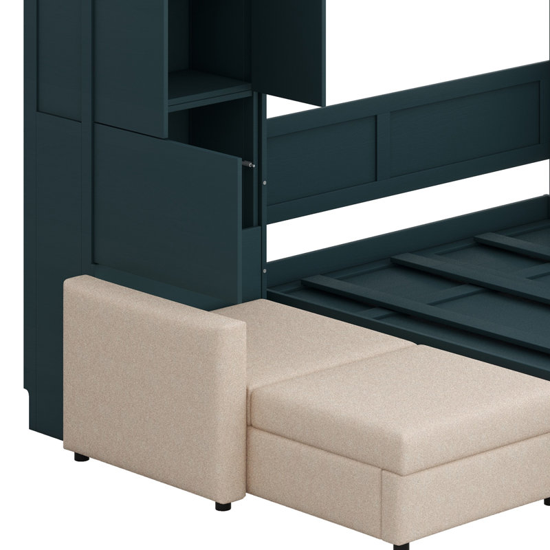 Grand lit escamotable avec canapé en L intégré et tablettes de rangement, Vert