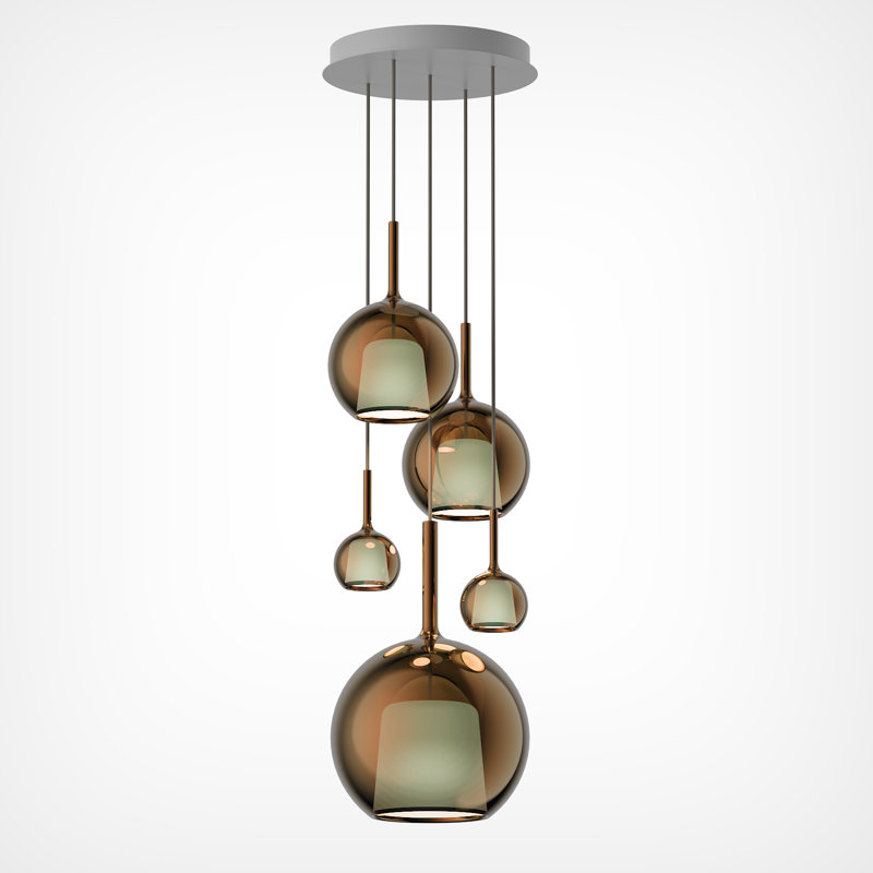 Glo Round Chandelier Pendants, Mirroring Bonze, 5 Lights