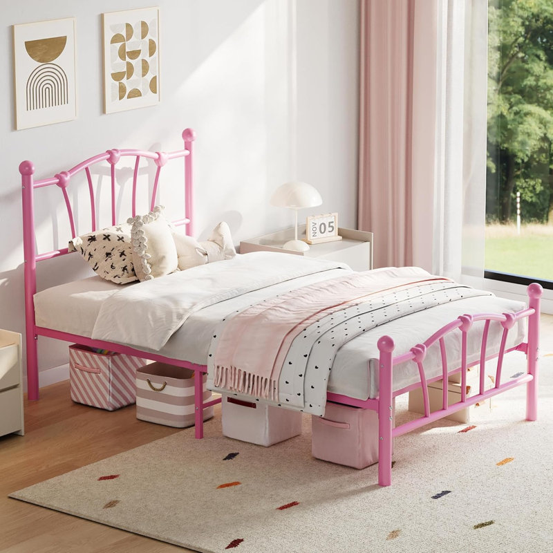 Twin Girls Bed – Heart Design, Pink, Heavy-Duty Metal