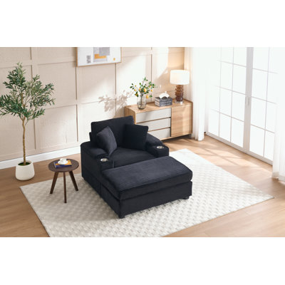 CorduroyUpholstered Chaise Lounge with cupholder and ottoman