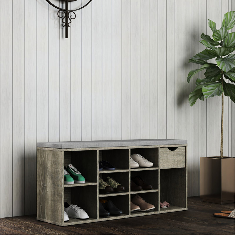 Banc de rangement, banc à chaussures, banc d'entrée avec coussin rembourré, tiroir et compartiments ouverts, banc avec rangement, banc à chaussures à 3 niveaux