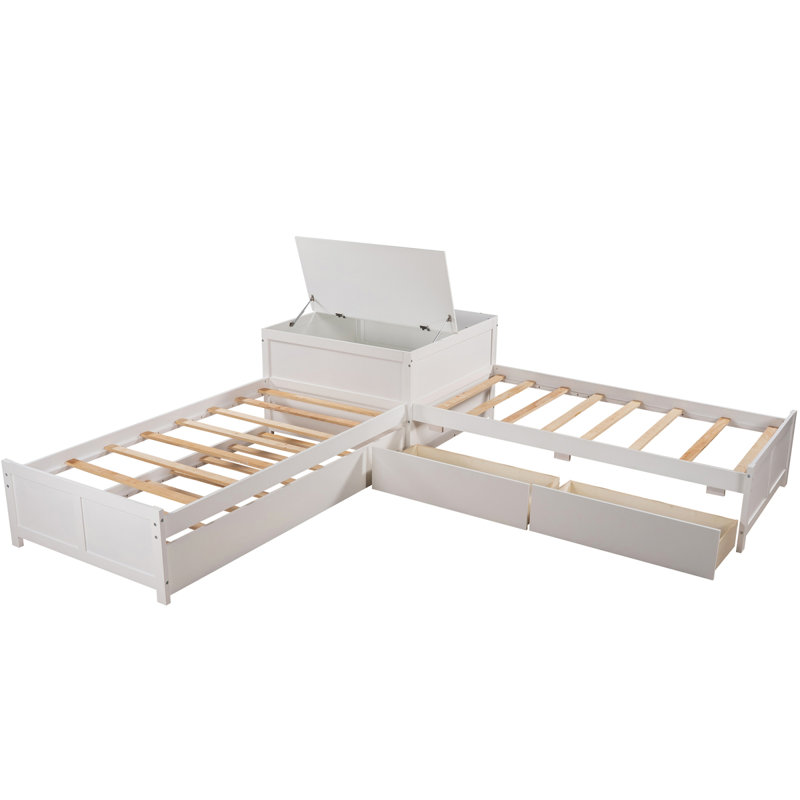 Lit plateforme en L 117,6 "avec lit gigogne et tiroirs, lié avec bureau intégré, simple, Blanc