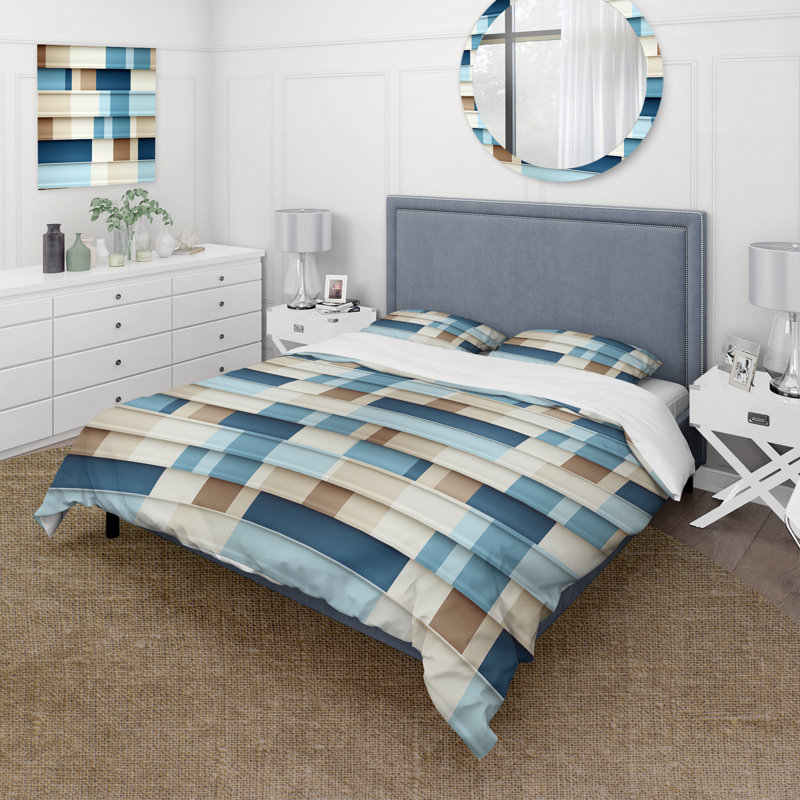 Literie à rayures blanches et bleues, Housse de couette simple + 1 taie décorative stan