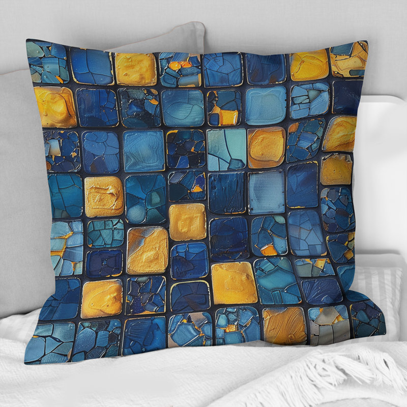 Coussin bleu et jaune Mid-Century Mosaic Tiles III - Mid-Century, H 16 po x l 16 po