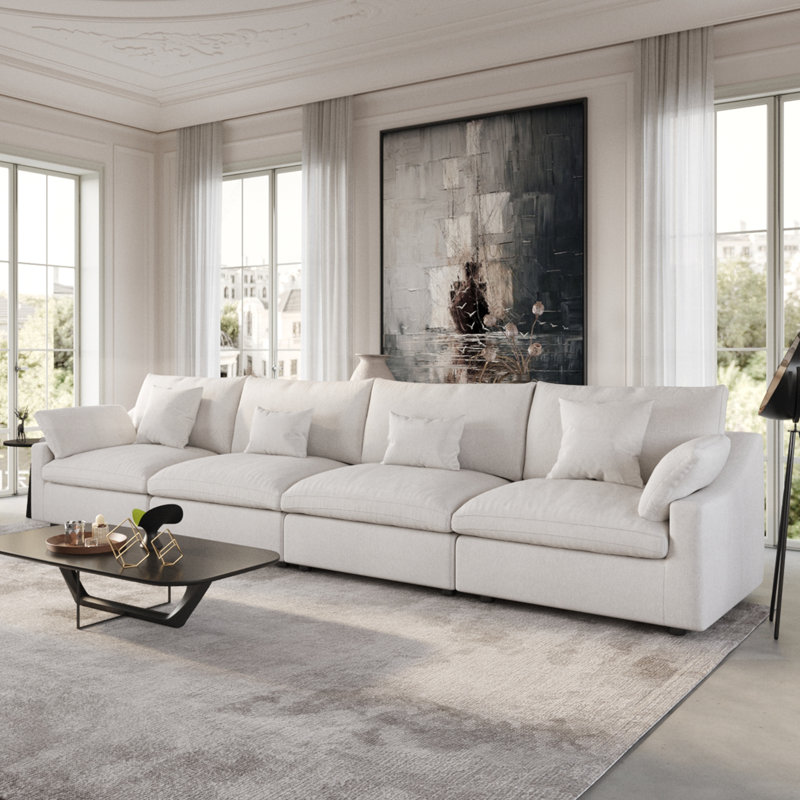 Kyna Upholstered 4-Piece Linen Slipcovered Sofa, White