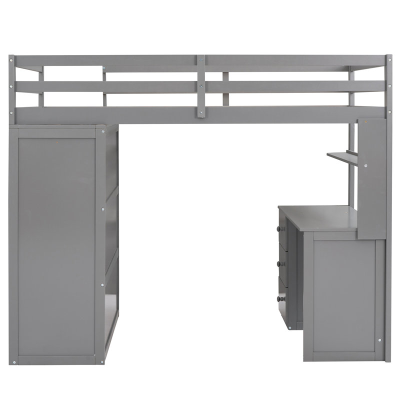 Lit mezzanine simple avec tiroirs, bureau et garde-robe gris