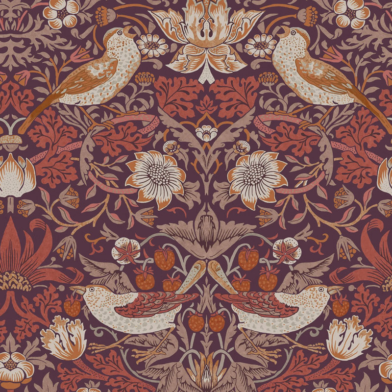 William Morris At Home Strawberry Thief Floral Wallpaper, Purple