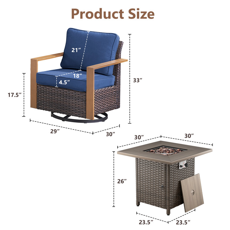 Ensemble de conversation 5 pièces pour chaise de patio moderne avec foyer, Bleu, Brun