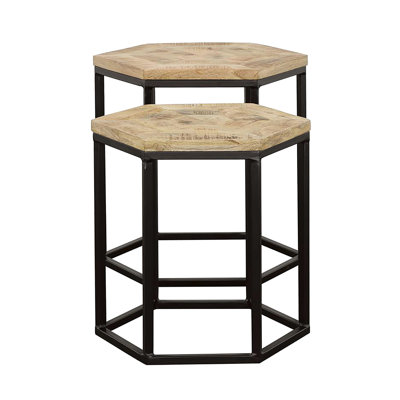 Modern 2 Nesting Tables With Hexagonal Wood Tops And Slim Black Metal Frames For Living Space Hexagon-Shaped Rustic Home Decoration