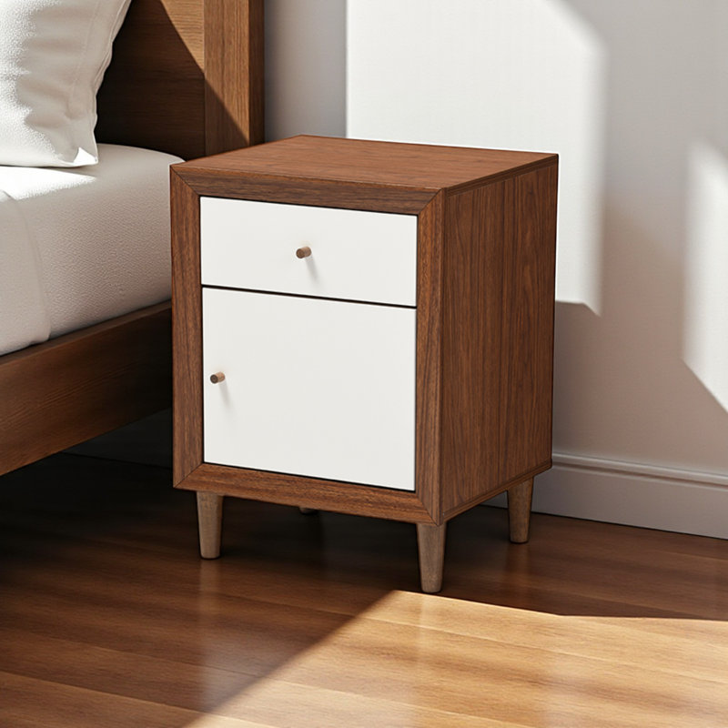 Table de chevet 1 tiroir Westphal blanc et noyer avec une armoire, H 23,75 po x l 17,55 po x P 15,6 po