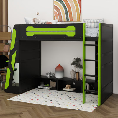 Lit mezzanine simple avec bureau, tablettes de rangement et lumière DEL RVB, cadre de lit de jeu avec échelle et garde-corps