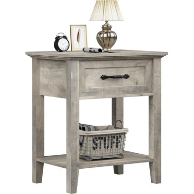Industrial Bedside Table, 2-Tier Wooden Side Table with Drawer & Open Shelf - Modern Bedside Cabinet for Bedroom, Living Room, Small Spaces - Compact