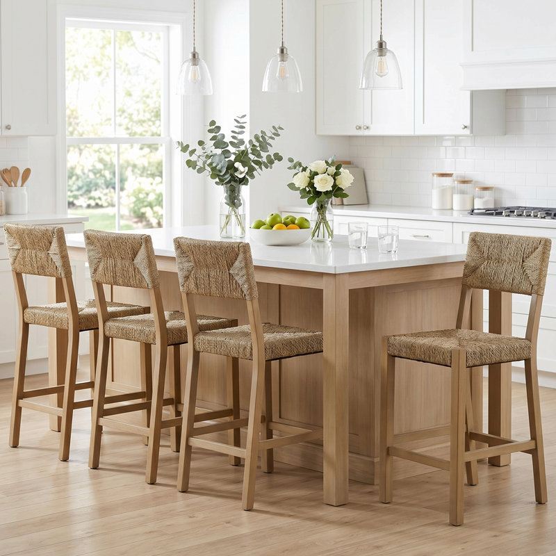 Cledia 21" Wide Rustic Farmhouse Mahogany Wood Ratten Seat Counter Stool, 4