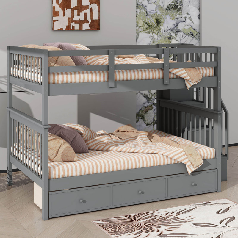 Full-Over-Full Bunk Bed For Bedroom, Equipped With Drawer, Storage Area, And Guard Rail On Stairway, Gray