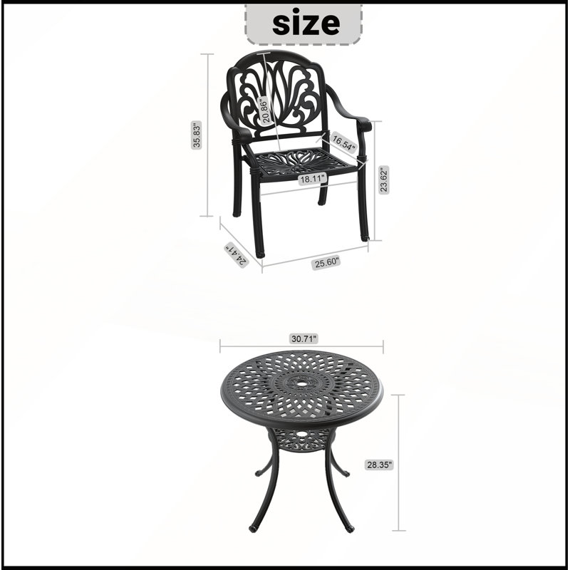 Ensemble de mobilier de jardin 3 pièces en aluminium moulé avec coussins, table ronde avec trou pour parasol, empilable et résistant aux intempéries