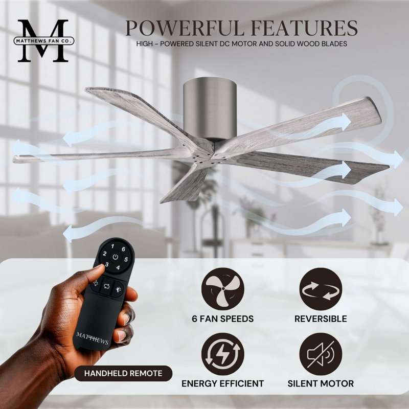 60" Irene 5-Blade Hugger Ceiling Fan with Wall Remote, Brushed Pewter, 42", Matte Black