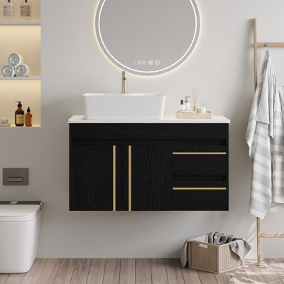 Aether 36 Inch Wall Mounted Bathroom Vanity with Ceramic Vessel Sink and Soft Close Door