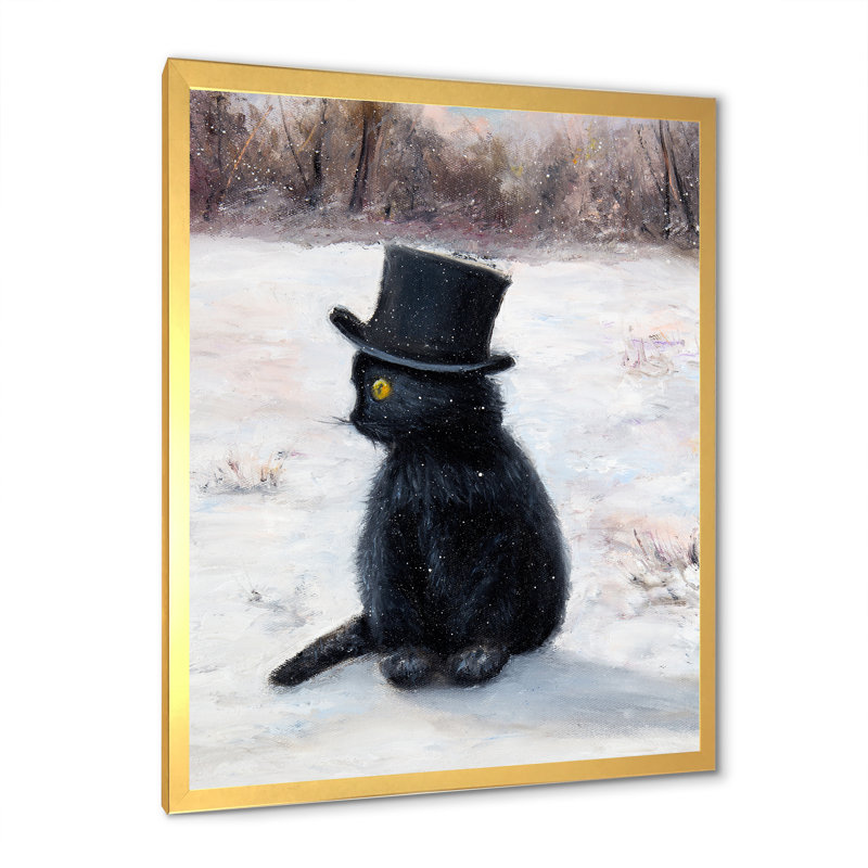 Chapeau de chat noir en hiver - décoration murale pour enfants, H 40 po x l 30 po x P 1,5 po, Cadre doré