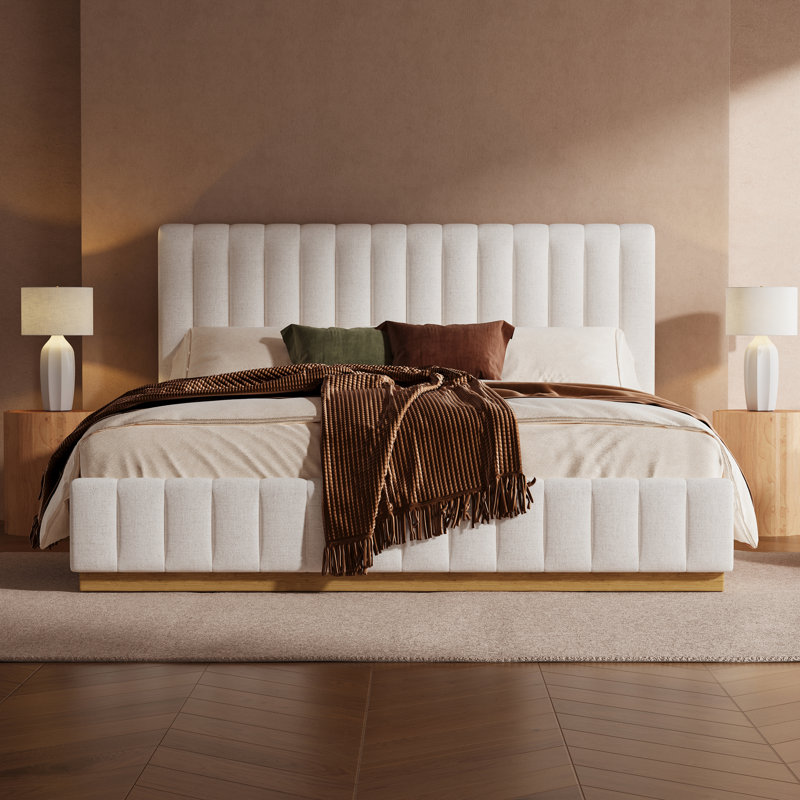 Hara Linen Upholstered Bed Withthick Headboard & Solid Wood Base, King