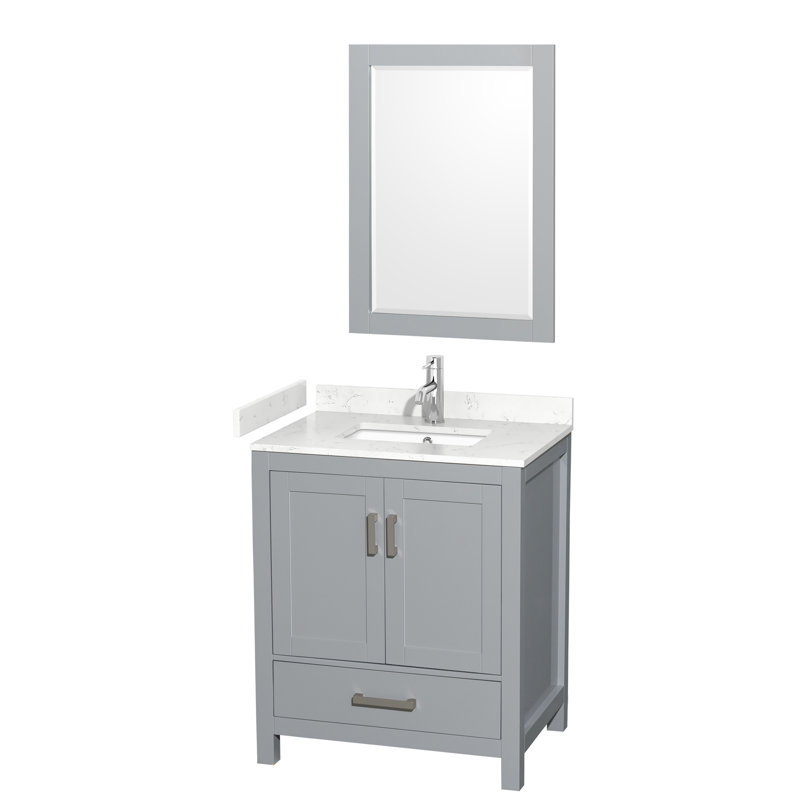 Sheffield 30" Freestanding Single Bathroom Vanity with Cultured Marble Top with 24" Mirror, Carrara Cultured Marble, Gray