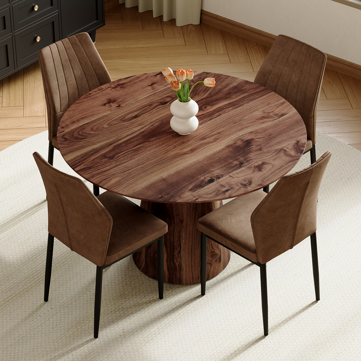 45" Round Table Set For 4-6 People, Modern Kitchen Table And Chairs With Pedestal Base - 5 Pieces: Table, 4 Chairs