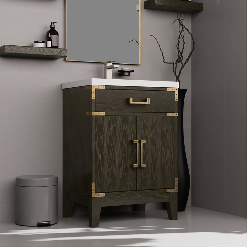 24 po L 18 po x P 18 po - Support de salle de bain en chêne brun - comptoir en acrylique et miroir inclus