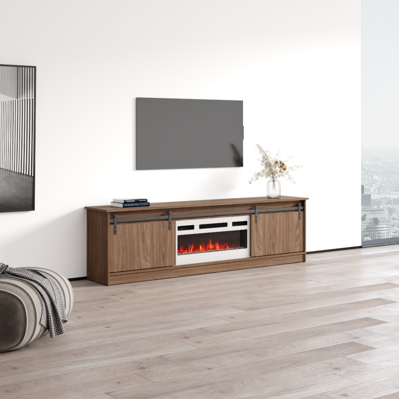 Grigsby 78.7" Modern TV Stand with Electric Fireplace, Matte Finish, Media Storage, Walnut