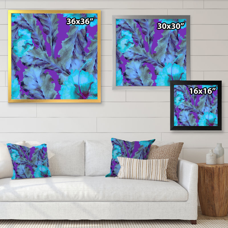 Turquoise, feuilles tropicales sur fond mauve - impression sur toile, H 30 po x l 30 po x P 1 po, Cadre photo blanc