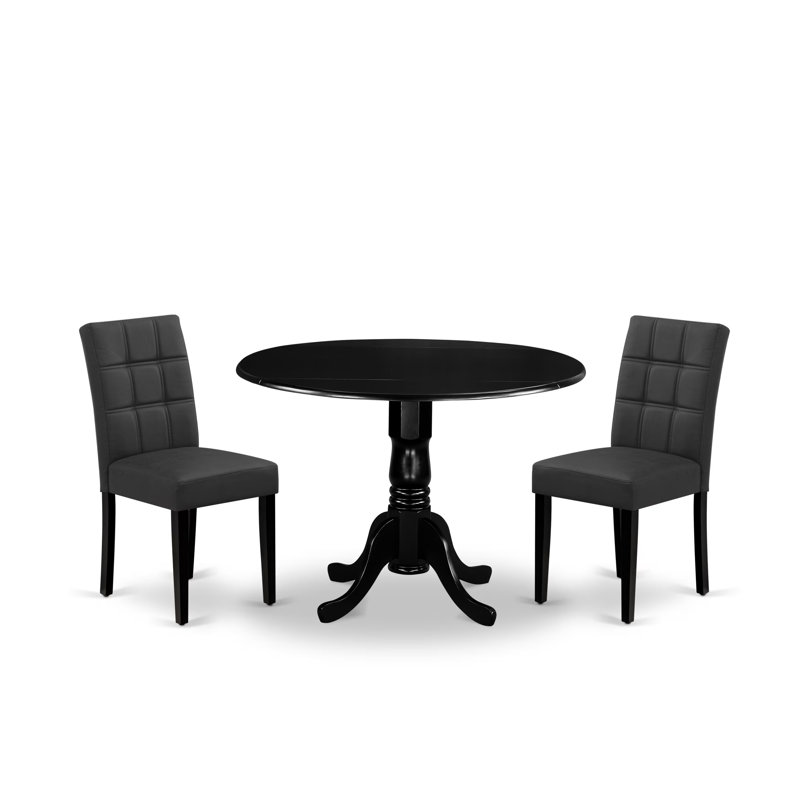 L'ensemble de table de salle à manger 3 pièces contient une table en bois et 2 chaises de salle à manger en tissu polyester gris foncé avec dossier élégant - finition noire