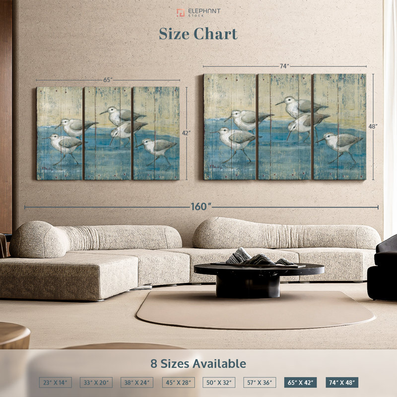 «Sandpipers Oil Distress», 3 pièces sur toile, H 74 po x l 48 po x P 1,25 po