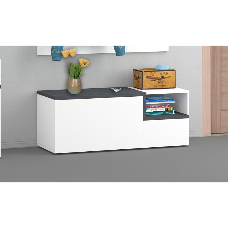 Meagher Upholstered Storage Bench, White Glossy/Slate