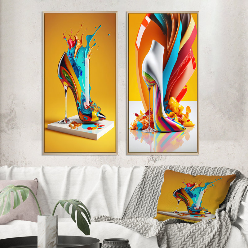 «Multicolor Glass High Heel Shoe», 2 pièces sur toile, Encadrement brun, H 32 po x l 32 po