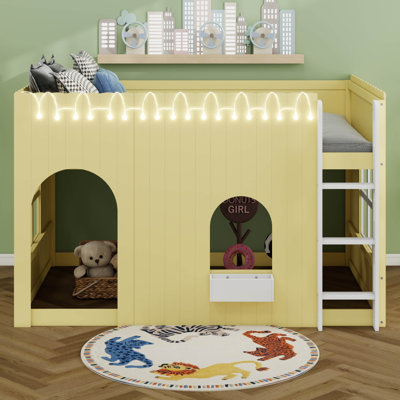 Kids Loft Bed With Warm LED Light String, Safety Guardrail, Under-Bed Play Space