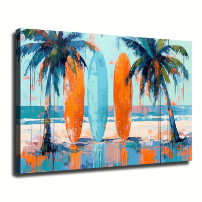 Large Gallery Wrapped Canvas Wall Art Print, Modern Abstract Surfboards and Palm Trees Tropical Art for Living Room & Bedroom