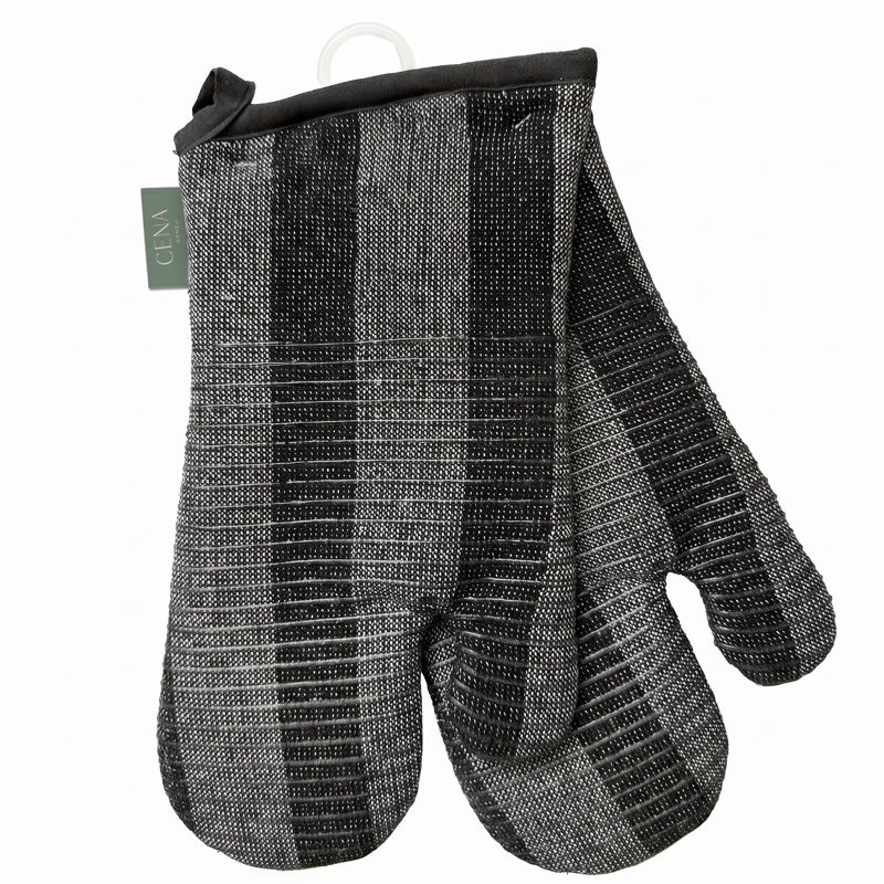 CENA Lot de 2 gants de cuisine noirs tissés avec poignée en silicone, gants de cuisine en coton résistant à la chaleur de 33 cm pour la cuisson et la pâtisserie