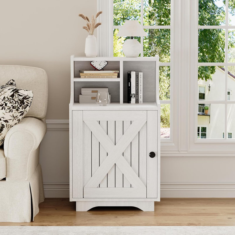 Farmhouse Nightstand, Night Stand with Hutch and Storage, Tall Bedside Table End Table for Bedroom Living Room Sofa Office