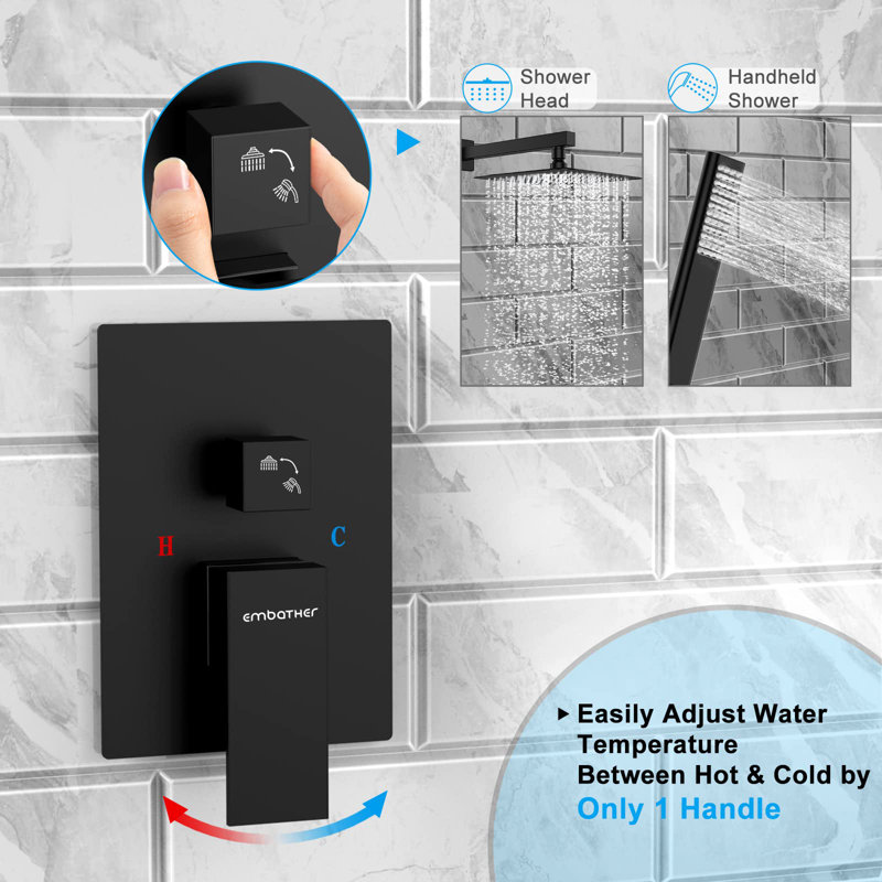 10 Inch Overhead Rainhead Shower Combo Set With Handheld And Valve, Matte Black