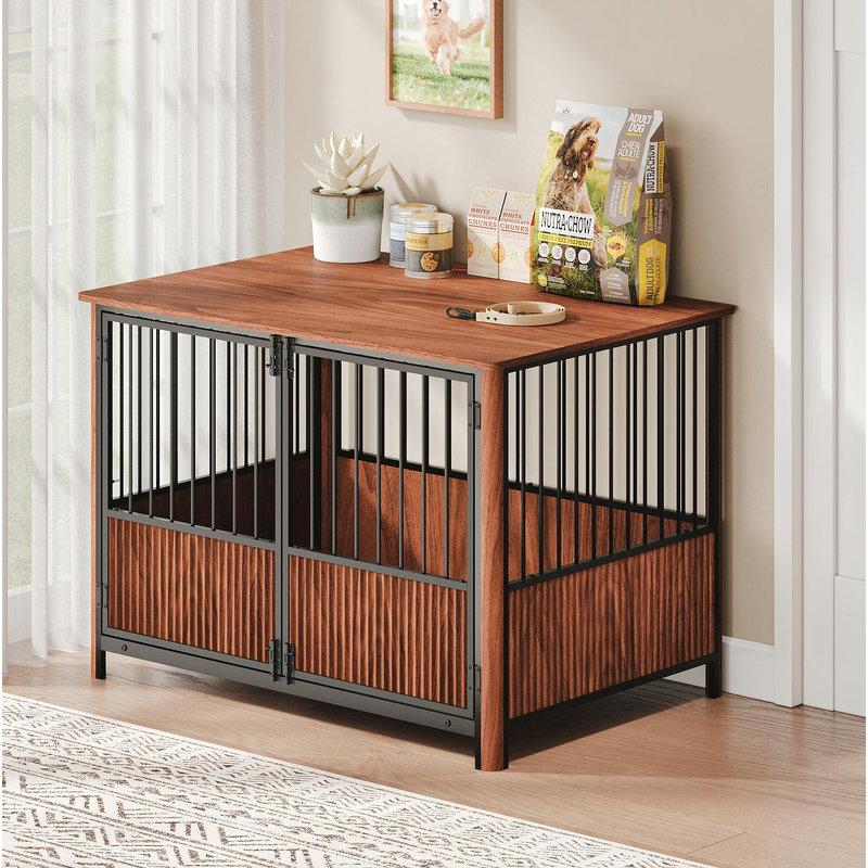 Cage pour chien en bois cannelé de 43 pouces en noyer pour grands chiens, chenil pour animal de compagnie avec portes doubles, table de bout décorative pour salon, niche pour chien avec fond surélevé et panneaux de ventilation