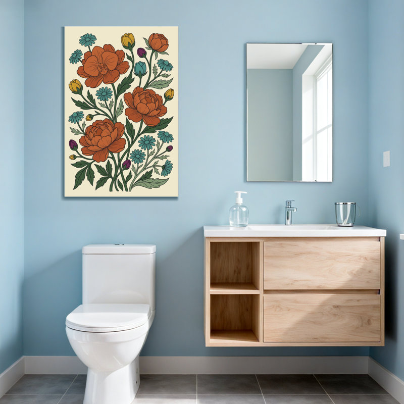 Plantes et fleurs avec motif floral orange et bleu, H 48 po x l 32 po
