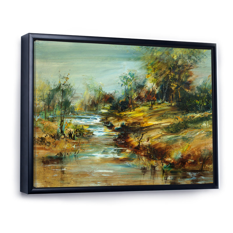 Paysage de rivière d'été - reproduction d'art sur toile, H 16 po x l 32 po x P 1 po, Cadre flottant noir