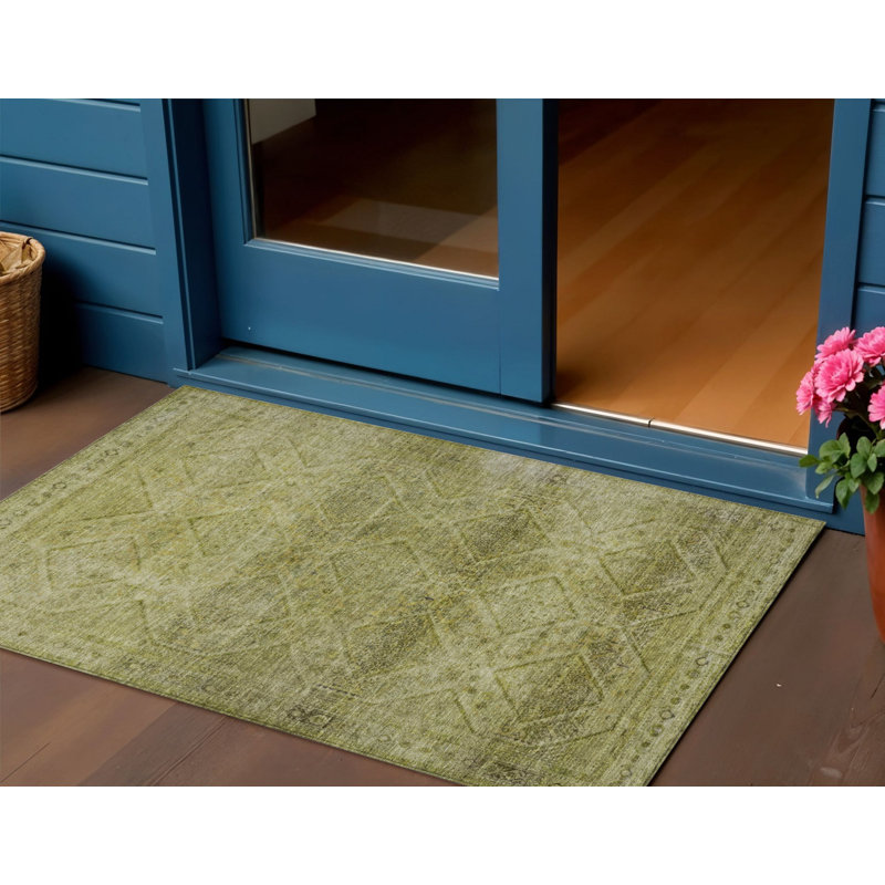 3' X 5' Artichoke Green And Ivory Geometric Washable Indoor Outdoor Area Rug