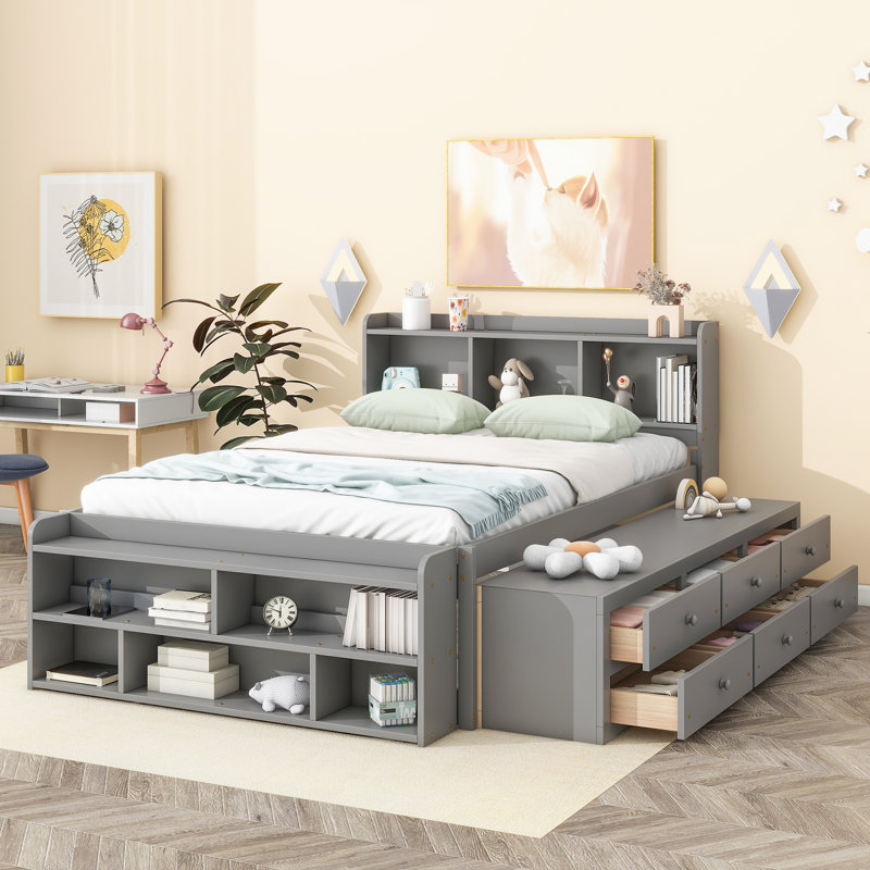Lit double avec tête de lit bibliothèque, tiroirs de rangement sous le lit et étui de rangement, Gris