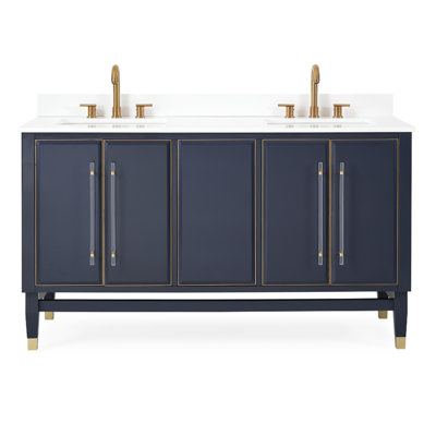 Meuble-lavabo autoportant moderne Tennant Brand 60 pouces, bleu marine, couleur Bertone, double lavabo, comptoir en quartz blanc, entièrement assemblé