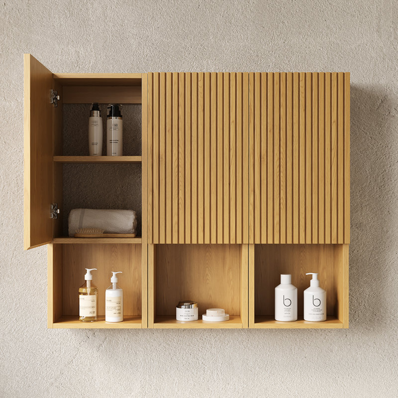 41" Bathroom Storage Cabinet - 3 Cabinets Oak Woodlike Plywood Structure Waterproof French 3D Groove Door Panels & Open Spaces Wall In One Color Made Compartments Doors Detail