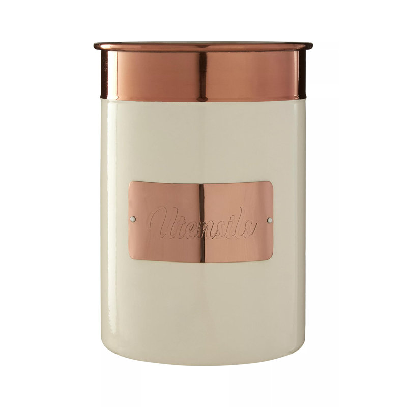 Metal Round Utensil Crock, Cream/Copper