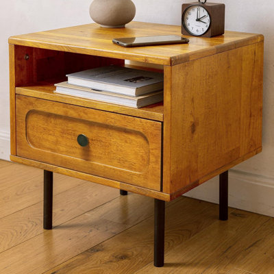   Acacia Savana Solid Wood Nightstand with Open Shelf and Metal Legs, Mid-Century Modern 1-Drawer Nightstand Assembly Tools Included
